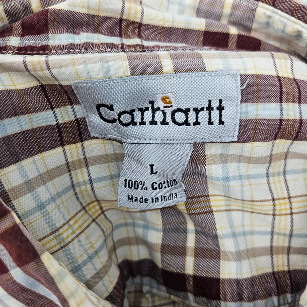 Carhartt Shirt Mens Large Button Down Brown Plaid Short Sleeve Workwear‎